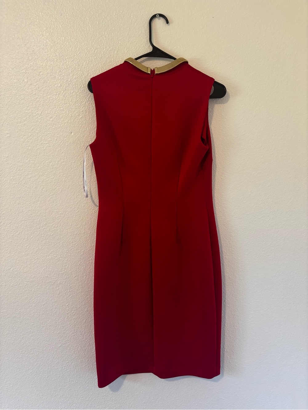 Calvin Klein Red Midi Sheath Dress with Gold Neck Detail - Picture 2 of 4